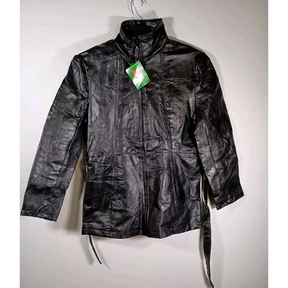 Giovanni Navarre Womens Black Leather Stone Design Zip Belt Jacket Size Small - Picture 1 of 8
